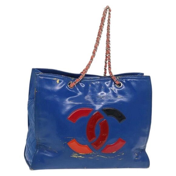CHANEL Chain Tote Bag Patent leather Blue Silver CC - Picture 1 of 16